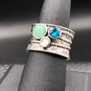 Modern Art Ring Size 7.5 Blue Bezel Set Crystals Textured Silver Tone Wide Band